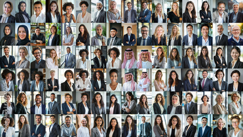 Many Headshots of a smiling business men and women of all ages, all genders and all cultures looking at the camera