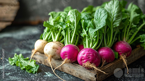 rustic organic turnips with fresh green tops and roots on genuine background for sustainable agriculture and vegetarian food, flat lay