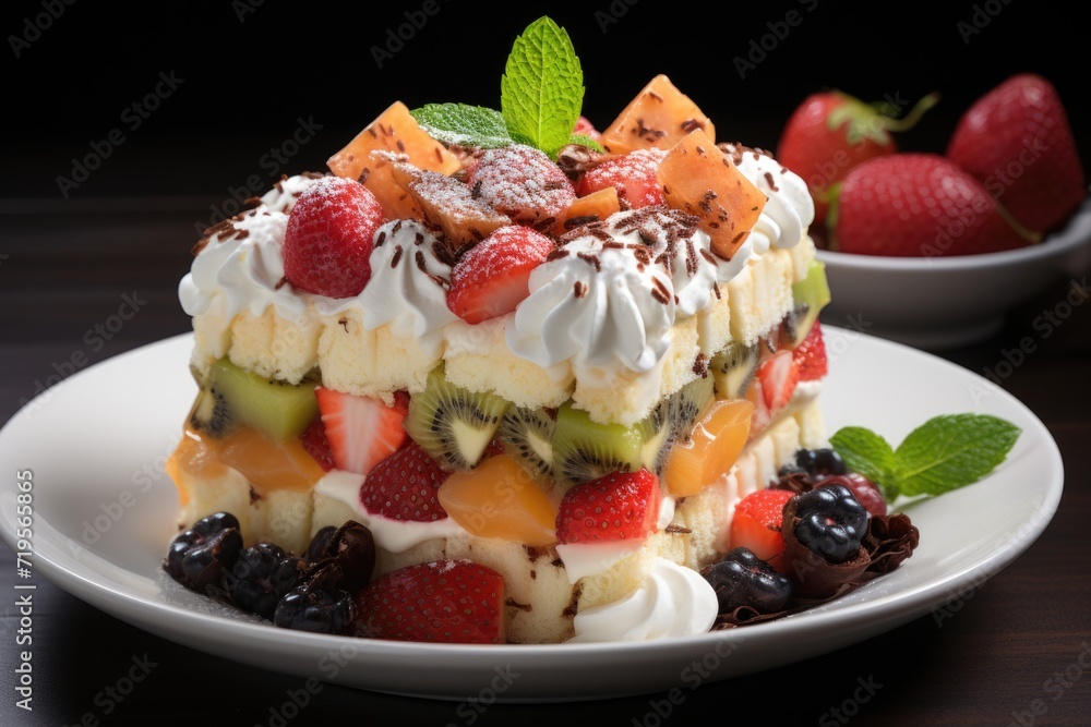 Side -sight fruit cake with vanilla cream, chocolate, kiwi, orange, pineapple and , generative IA