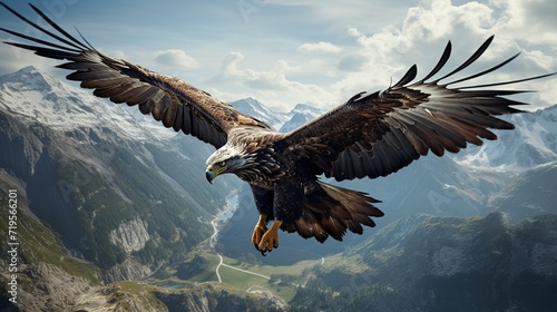 From below predatory golden eagle flying over majestic mountainous valley near clouds with spread wings