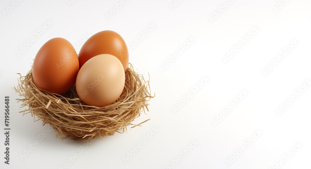three chicken eggs in a nest on a white background three chicken eggs in a nest on a white background