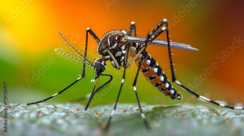 Photo realistic image: An image showing a tiger mosquito biting a person's skin photo