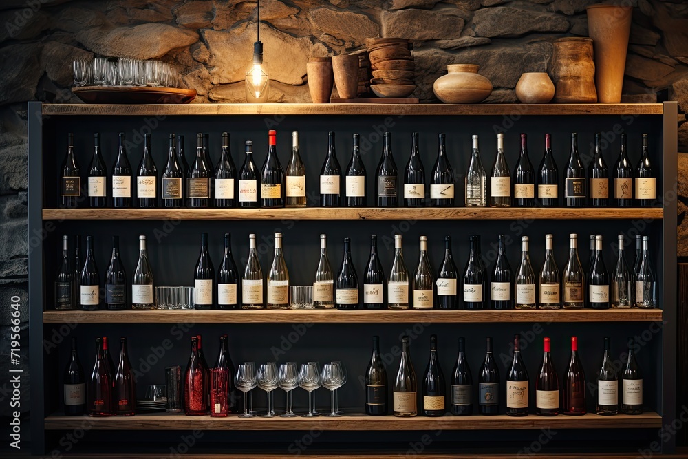 Minimalist cellar aligned bottles, simple shelves, neutral palette., generative IA Minimalist cellar aligned bottles, simple shelves, neutral palette., generative IA