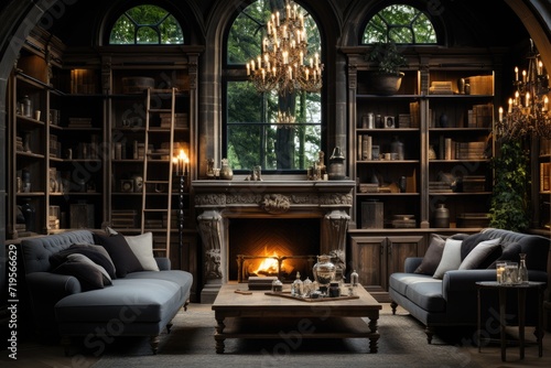 Luxurious cellar Noble wood, elegant furniture and gold details., generative IA photo
