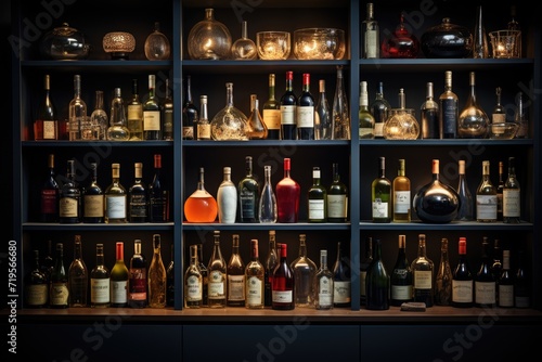 Minimalist cellar aligned bottles, simple shelves, neutral palette., generative IA