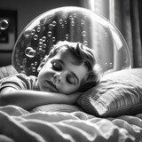 Illustration of a sleeping boy dreaming in his sleep