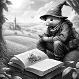 Fairytale mouse reading a book under a tree