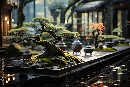 Japanese Garden Bonsai trees, stones and lanterns., generative IA