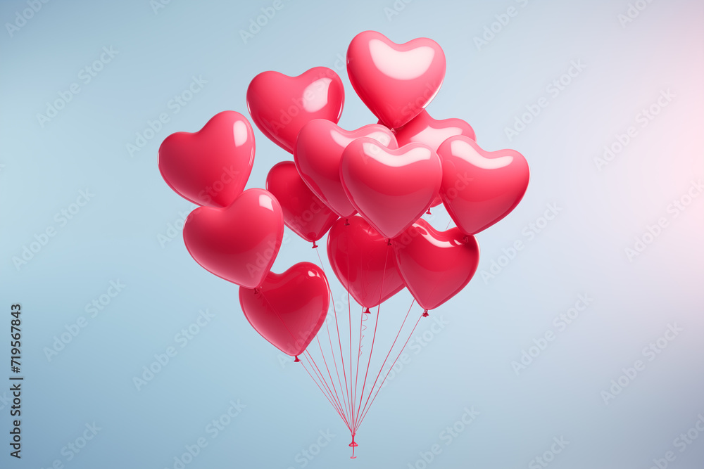 Heart shaped red balloons on a pastel blue background, Valentine's day decor concept. Happy Valentine's day decoration. 
