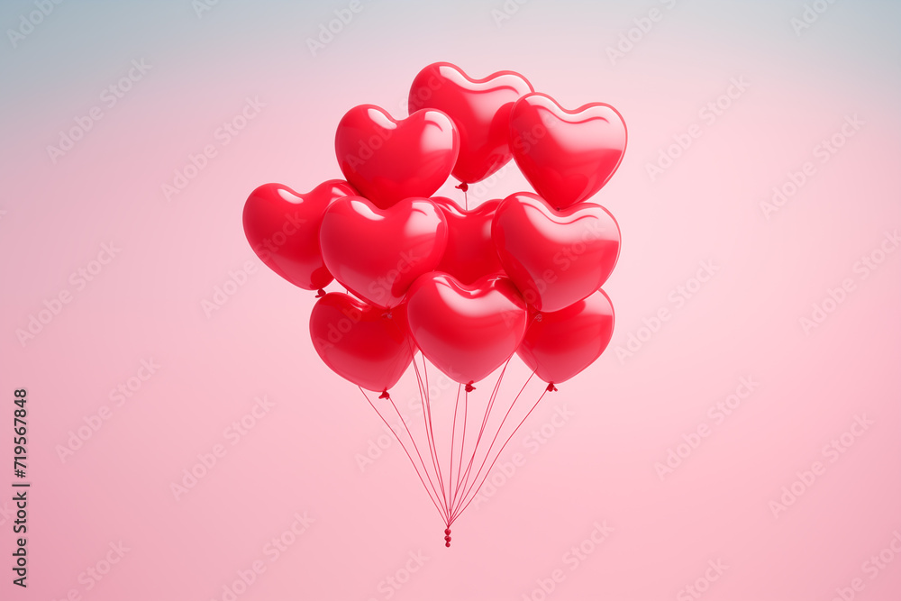 Heart shaped red balloons on a pastel background, Valentine's day decor concept. Happy Valentine's day decoration. 