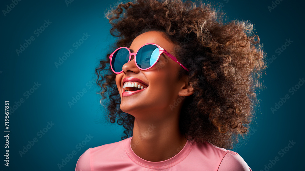 Beautiful afro american woman with afro hairstyle and sunglasses on blue background