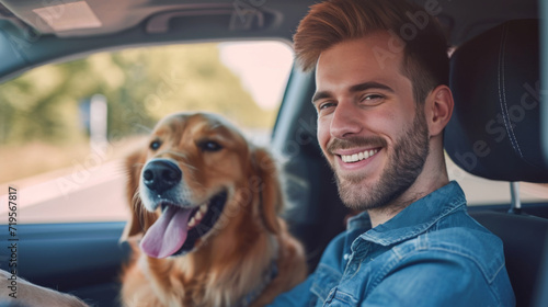 moment of joy as a young man with a bright smile is seated in a car, with a golden retriever beside him