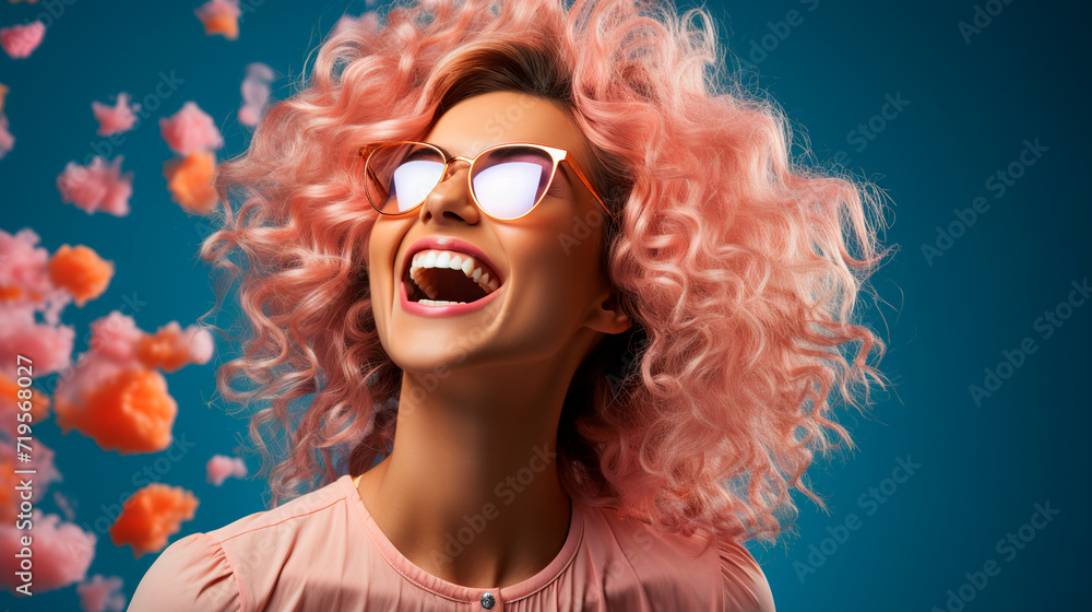 Portrait of a happy young woman with pink curly hair and sunglasses