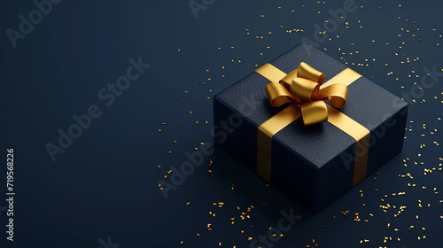Full-length photorealistic 3D rendering. Blue gift box with gold ribbon. Place for text