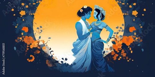 minimalistic design krishna and radha in love,