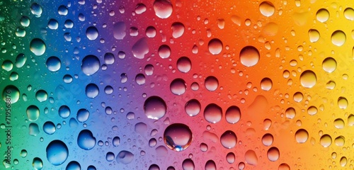 A panoramic abstract background of dew drops on glass  with light creating a stunning spectrum of colors in each droplet
