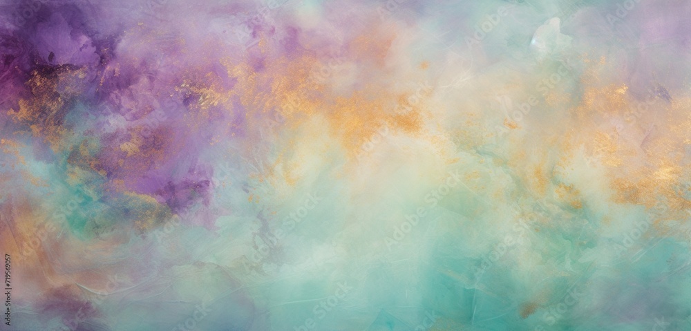 A panoramic abstract texture with golden glitter over a background of soft mint green and bold plum, beautifully blurred