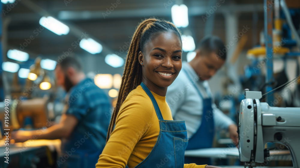 young woman smiling at the camera, wearing a yellow shirt and blue apron, in a manufacturing setting - obrazy, fototapety, plakaty 