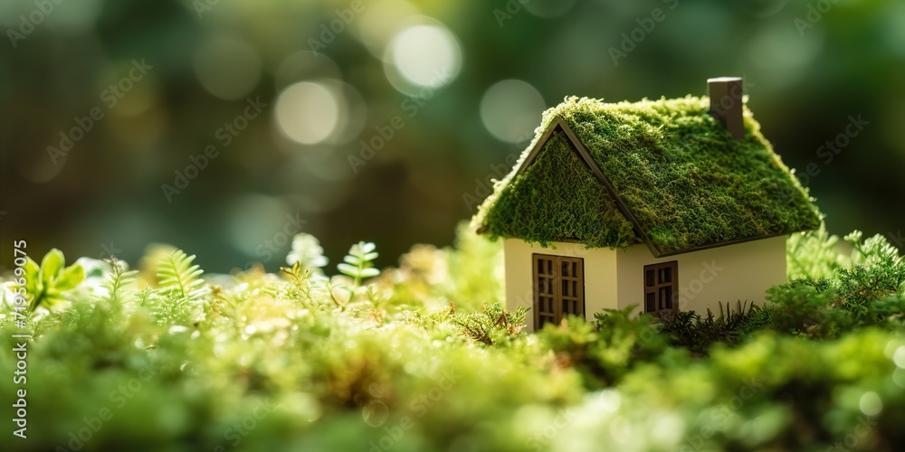 minimalistic design Eco house. Green and environmentally friendly housing concept. Miniature wooden house in spring grass, moss and ferns on a sunny day