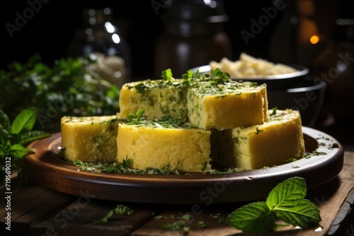 Homemade round cake made of green corn and cheese known as pamonha cake typical Br, generative IA photo