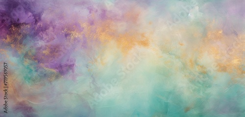 A panoramic abstract texture with golden glitter over a background of soft mint green and bold plum, beautifully blurred