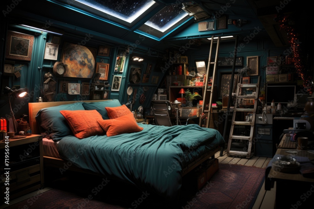 Obraz premium Children's geek room with games, posters and collections., generative IA