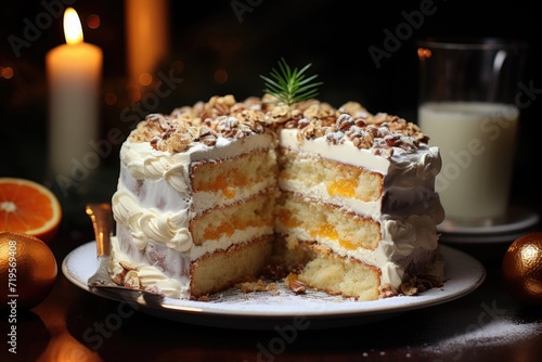 Close of a delicious white Christmas cake with nuts and tangerine  generative IA