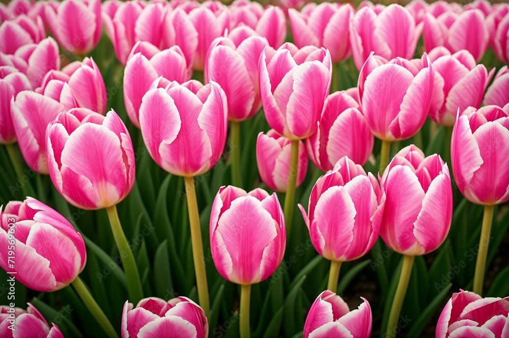 Fototapeta premium Pink tulips in the garden. Spring flowers. Tulips background.