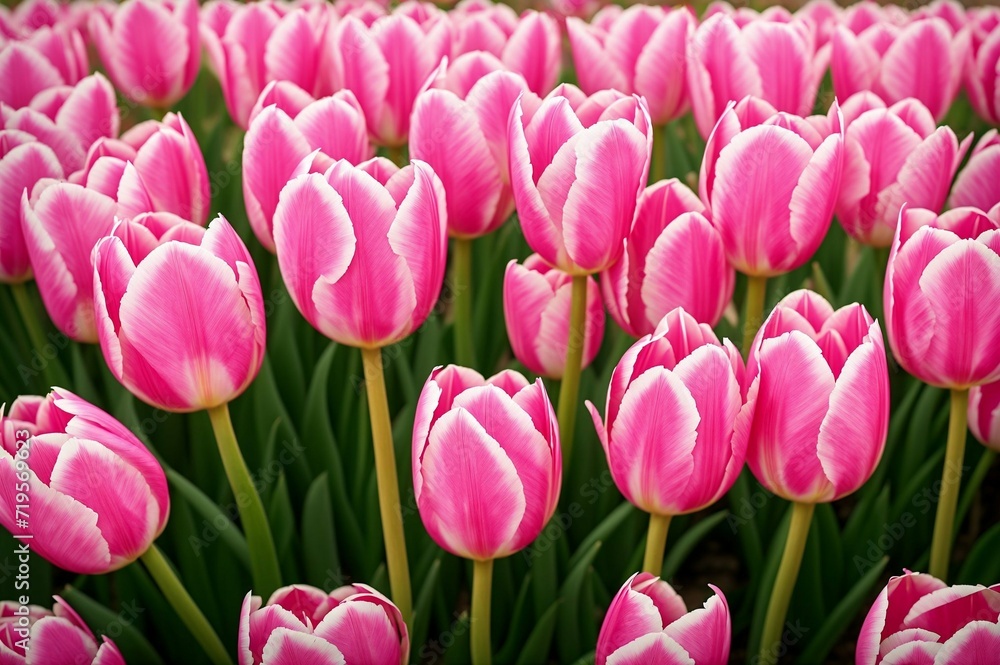 Fototapeta premium Pink tulips in the garden. Spring flowers. Tulips background.
