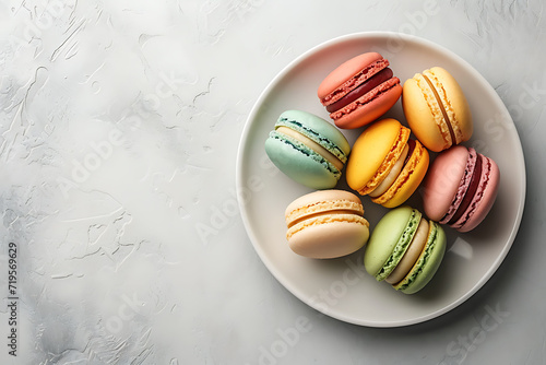 macaroons on a plate on a white marble designed table with copy space for text, blank space, Christmas, Easter, mothers day, birthday, baking, sweets, treats, delicious