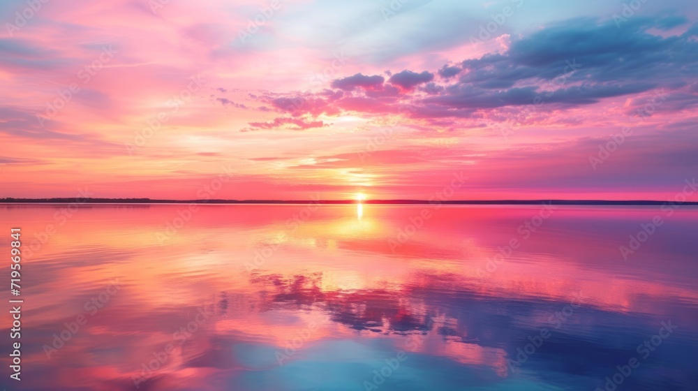 A serene summer sunset, with hues of pink, orange, and purple painting the sky, reflecting on a calm lake 