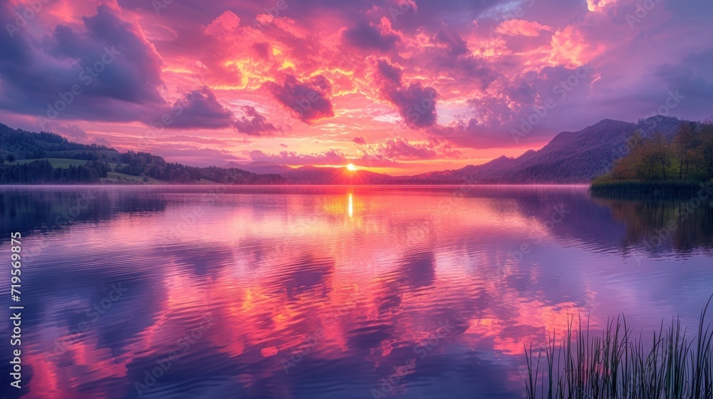 A serene summer sunset, with hues of pink, orange, and purple painting the sky, reflecting on a calm lake 