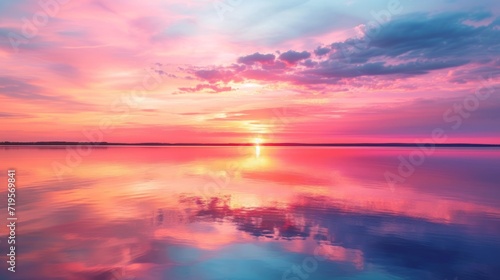 A serene summer sunset  with hues of pink  orange  and purple painting the sky  reflecting on a calm lake 