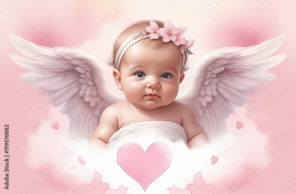 Fototapeta premium Watercolor-pencil drawing of an angel baby with wings and clouds on a pink blurred background, banner