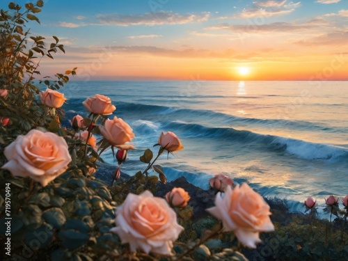 sunset on the sea and bushes with roses