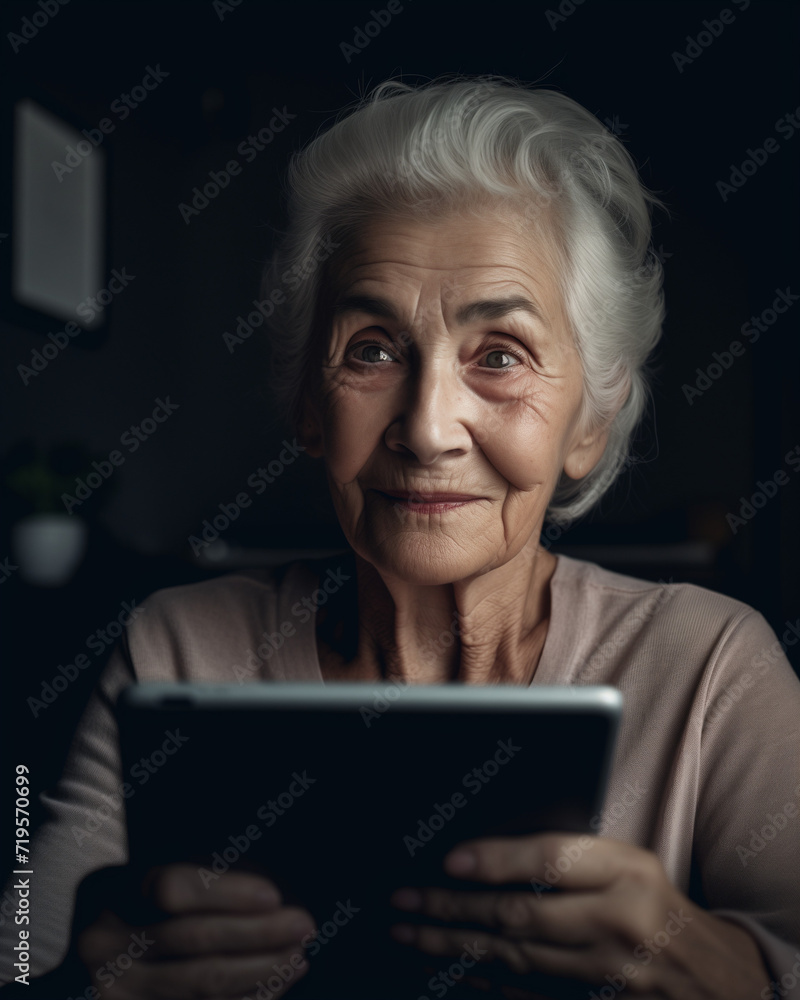 Isolated portrait of a lonely older woman in a cozy home, having a video call on her tablet Isolated portrait of a lonely older woman in a cozy home, having a video call on her tablet