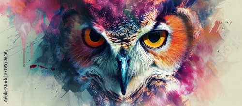 Abstract colorful watercolor Owl bird portrait with double exposure painting style. Generated AI