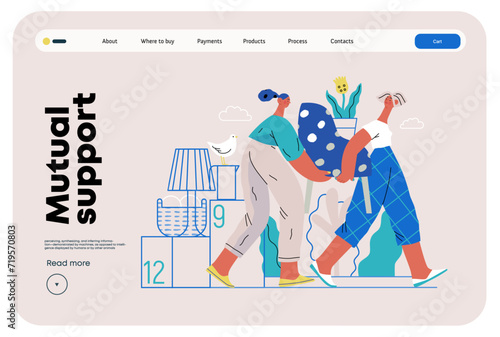 Mutual Support: Assistance with Moving -modern flat vector concept illustration of women collaboratively moving household items A metaphor of voluntary, collaborative exchanges of resource, services