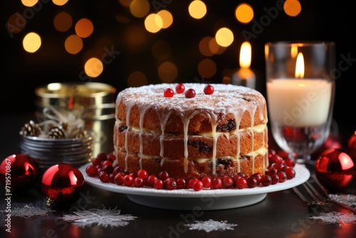 Vertical photo of a Christmas cake with red decorations on blurred background, generative IA