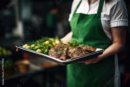 A shallow focus photography of a tray with grilled meat and vegetables