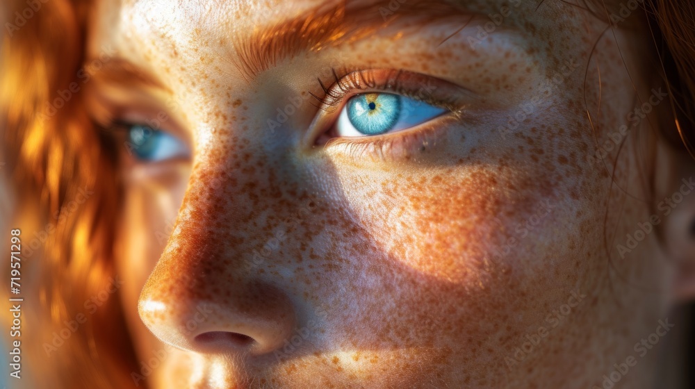 Close-up of freckled skin glowing in natural sunlight, showcasing natural beauty and unique skin textures