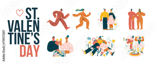 Valentines day illustrations set - modern flat vector concept illustrations of couples celebrating their love, acting together, floral environment. Metaphor of unity, affection, love, connection