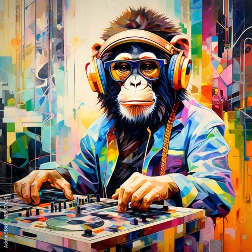 Canvas Print portrait of a monkey with headphones ontent created with generative AI software