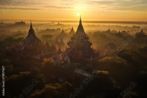 Temples in the misty sunset