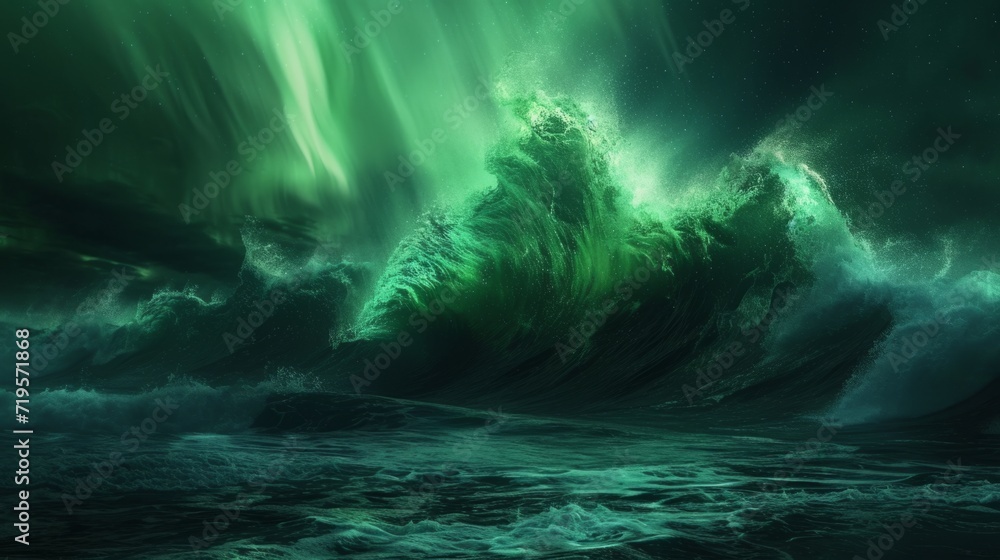 Majestic ocean wave illuminated by the northern lights, casting a surreal glow over the seascape
