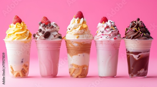 minimal background front view of a sundae, ice cream, and milkshake