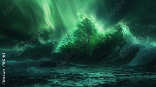 Majestic ocean wave illuminated by the northern lights, casting a surreal glow over the seascape