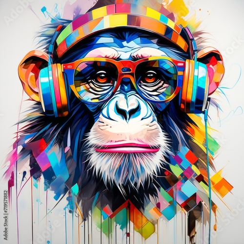 Canvas Print portrait of a monkey with headphones ontent created with generative AI software