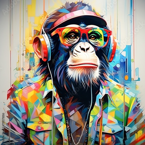 portrait of a monkey with headphones ontent created with generative AI software photo