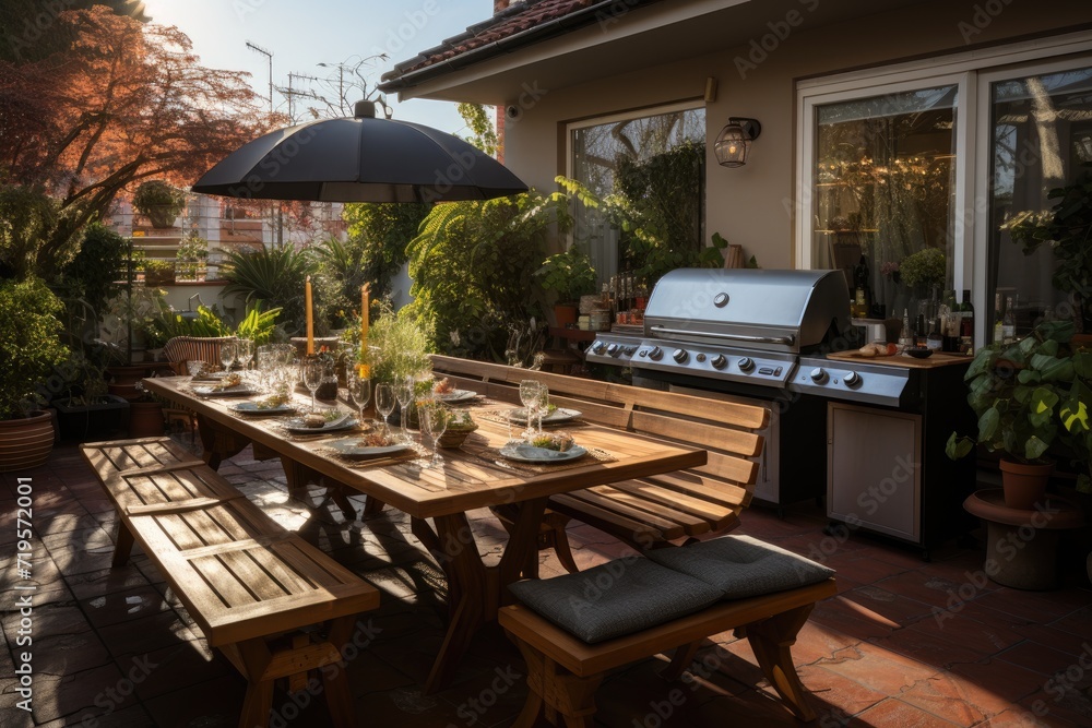 Gourmet terrace with barbecue and dining area., generative IA